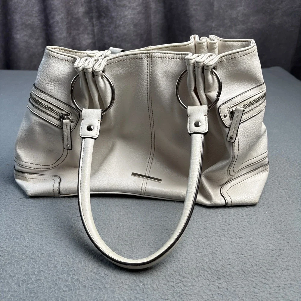 Nine West Womens Cream Faux Leather Shoulder Bag Silver Hardware O-Ring Tote